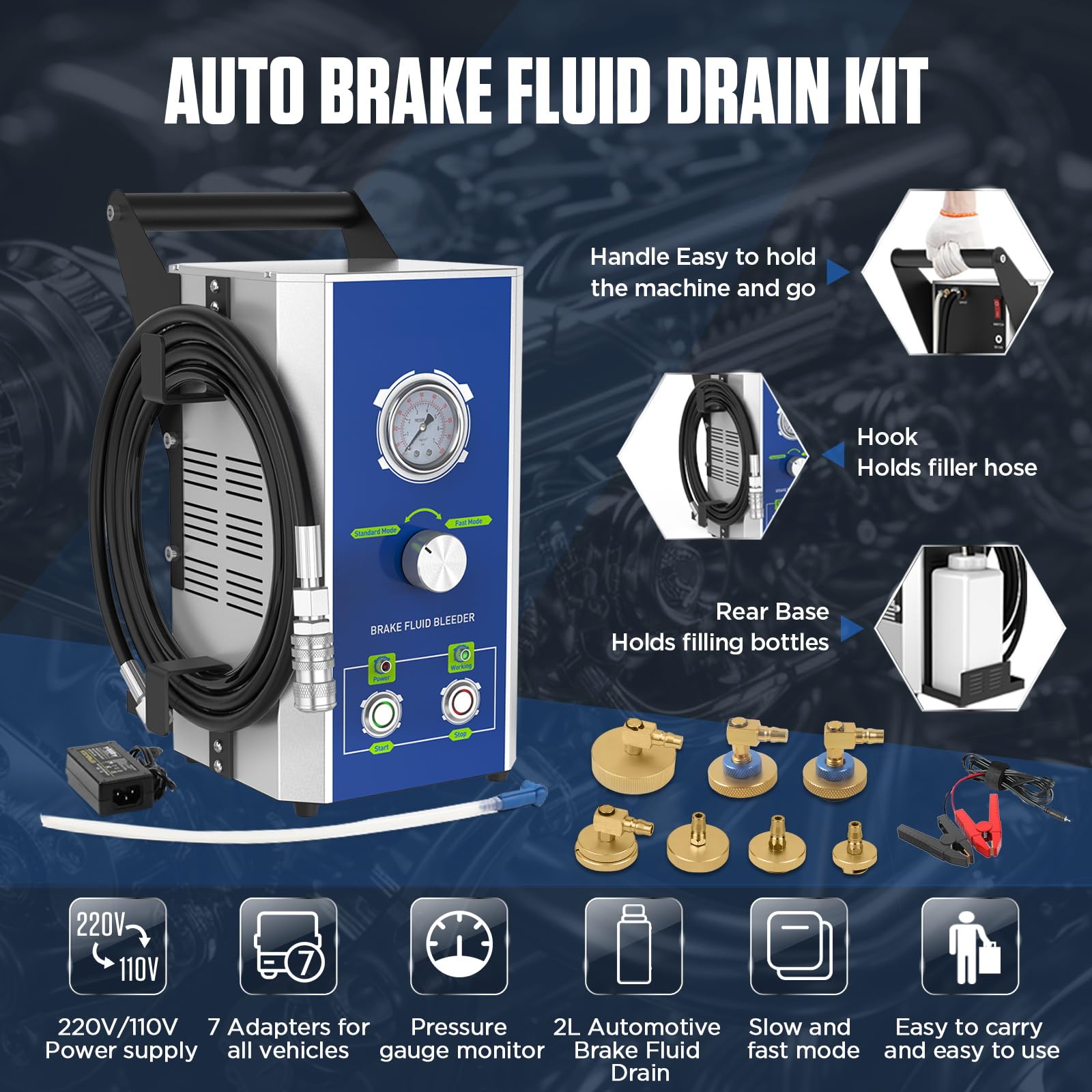 PLAYOCCAR Automatic Electric Brake Bleeder Kit with 7 Adapters,110VBrake Fluid Bleeder and Pressure Gauge Monitor, 2 Modes Compatible with Benz/BMW/Audi etc, Electric Brake Fluid Changer 0~3 bar