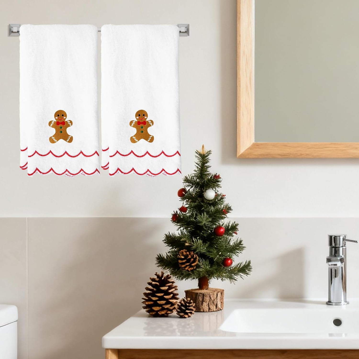 JarThenaAMCS 2Pcs Christmas Gingerbread Scalloped Hand Towels Gingerbread Man Embroidered Cotton Bath Towel Decorative Dish Towels for Xmas Winter Home Kitchen Bathroom Decor Gift - Image 4