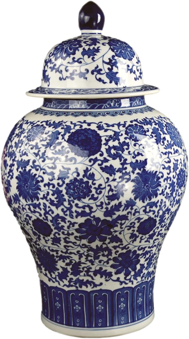 24" Classic Blue and White Floral Porcelain Ceramic Temple Ginger Jar Vase, Large China Qing Style (Blue and White 24-5)