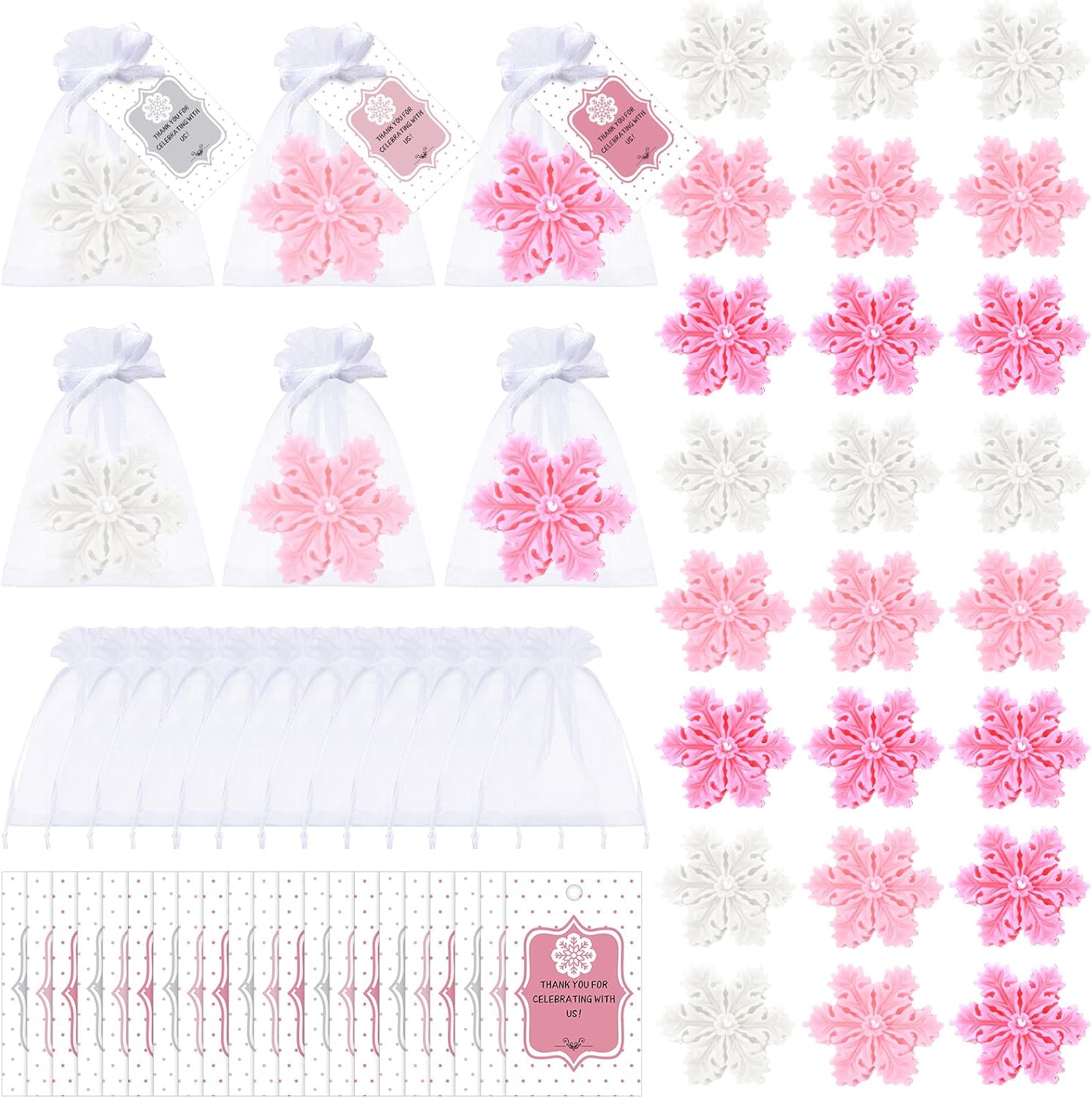 Treela 24 Sets Little Snowflake Baby Shower Favors for Guests Christmas Snowflake Candles Scented Christmas Goody Bag Stuffers Winter Baby Birthday Party Favor with Thank You Cards Organza Bags