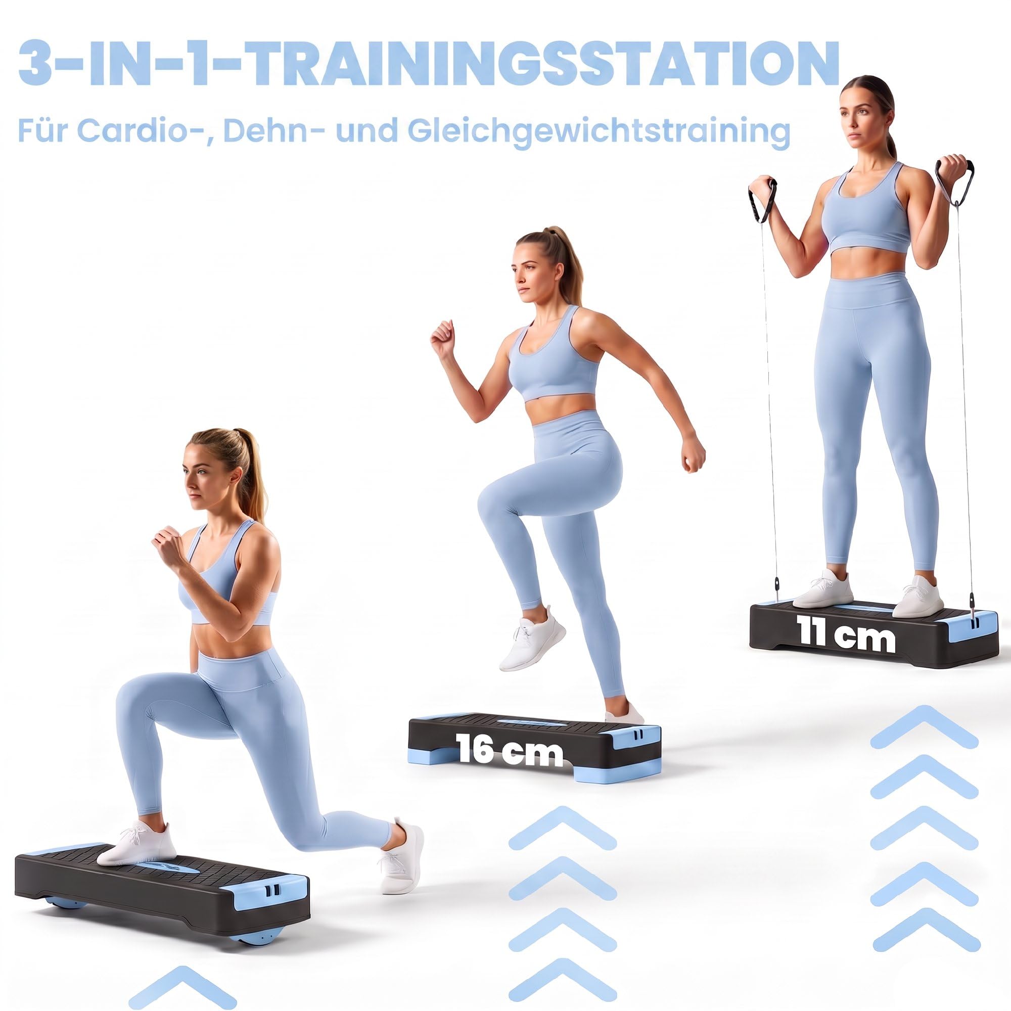 SPORTNOW Step z regulacją wysokości, fitness, 2 stopnie (11/16 cm), niebieski | Stepper aerobowy, 2 taśmy oporowe, mata antypoślizgowa, antypoślizgowa ławka do kroku, do domu, studia fitness, biura
