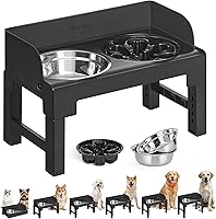 Feandrea Elevated Dog Bowls Raised Stand: Adjustable Height, Slow Feeder & 304 Stainless Steel Bowls, Tilted Ink Black UPRB103B01