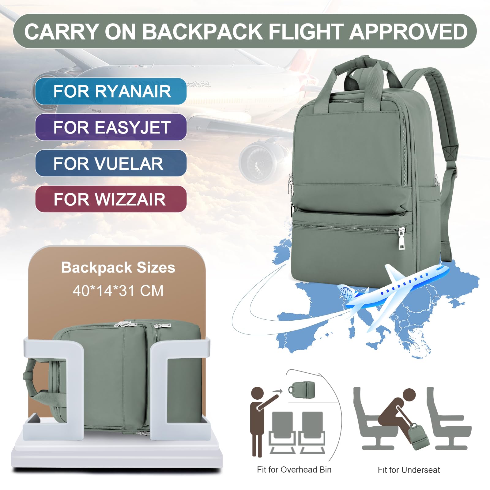 UPPACK Zaino Ryanair 40x20x25 Zaino Da Viaggio aereo Bagaglio a Mano Donna Zaino Borse da Cabina Borsa da Viaggio aereo Zaino per PC Impermeabile Casual Daypack