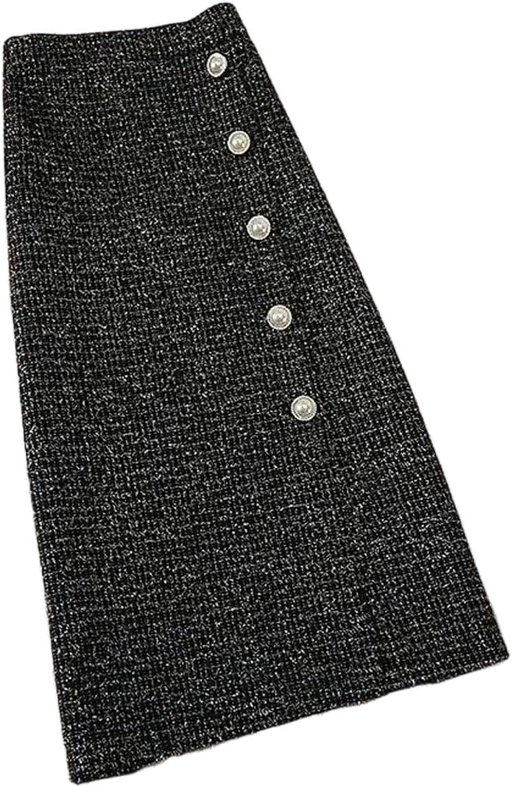 Women Tweed Maxi Skirt Button Down Split High Waist Trumpet Shape Elegant Office Long Skirt