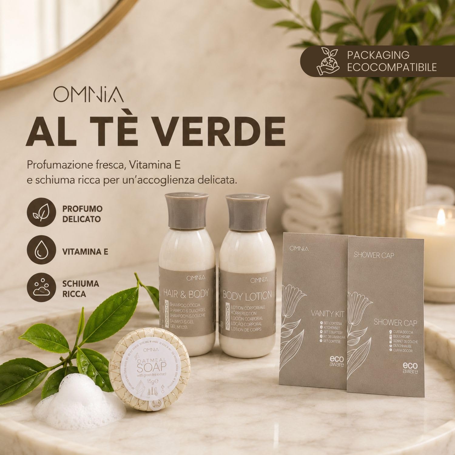 Kit Cortesia 344 Pezzi; 56 doccia shampoo, 56 crema corpo, 56 balsamo, 56 saponette, 30 cuffie monouso, 30 vanity set, 20 dental kit, 20 set barba e 20 set minicucito - omaggio 110 pezzi