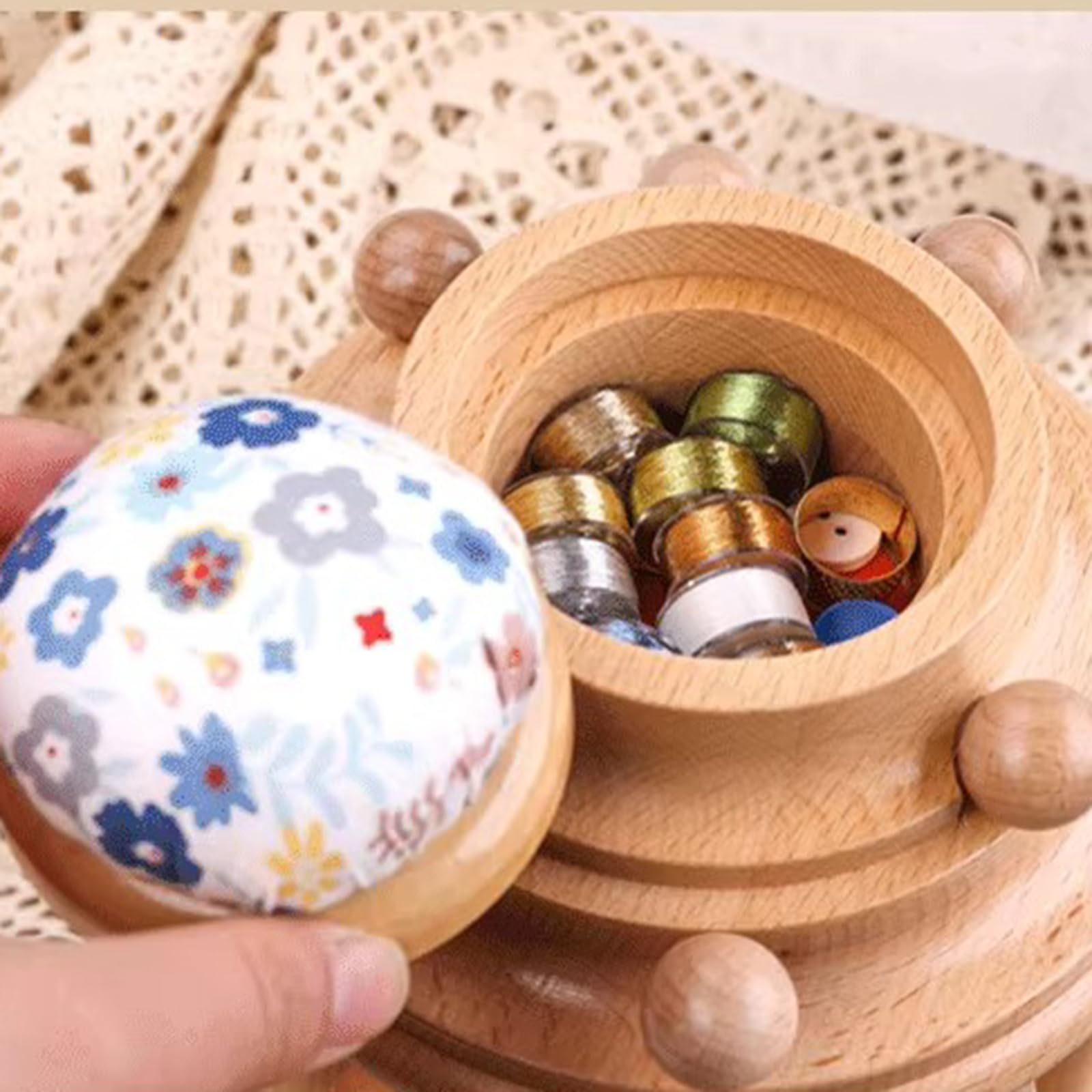 Wooden Sewing Organizer, Solid Wood Needlework Box, Seamstress Sewing Basket, with Drawer, 8 Spool Holders, Top Storage Compartment, for Sewing Supplies, Hobby Craft Tools, Needles Assorted