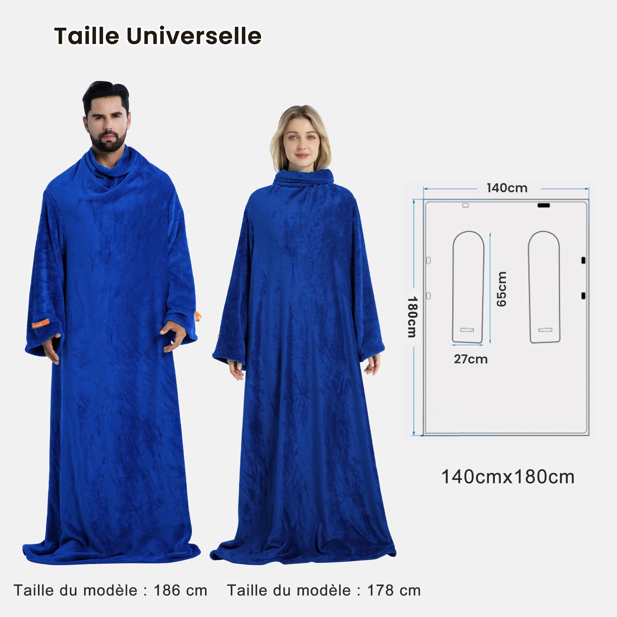 Winthome Plaid à Manche - Couverture avec Manches Douce et Chaude, Blanket Polaire avec Velcro, pour Cadeau, Noel, Femme, Homme, Économisez sur Les Coûts de Chauffage (Bleu Foncé, 140x180cm)