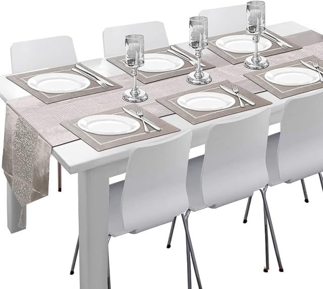 ColdShine 7Pcs Table Runner Placemat Set Velvet Tassel Table Runner Table Placemat Decoration Table Mat for Wedding Christmas Party Banquet Restaurant Kitchen Hotel Cafe (Champagne)