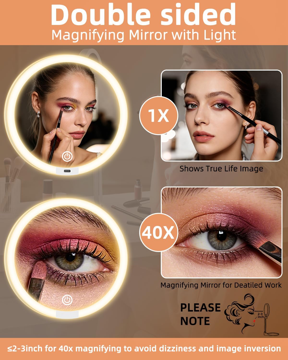 Travel Magnifying Makeup Mirror with Lights, Dual Sided 1X/40X Lighted Magnifying Mirror, Rechargeable 3 Colors Dimming Lighting, Large Size of 6inch, Foldable Design, 360°Angle Adjustable thumbnail