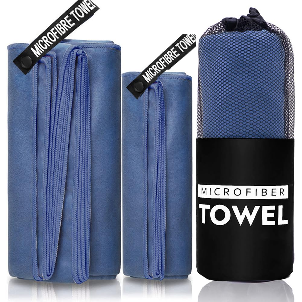 HJB VISSO Quick Dry Towel 2 Pack, 152x76cm & 80x40cm Microfiber Towel for Travel, Sports, Beach Towel, Fast Drying, Super Absorbent, Suitable for Camping, Gym, Swimming, Yoga Navy Blue