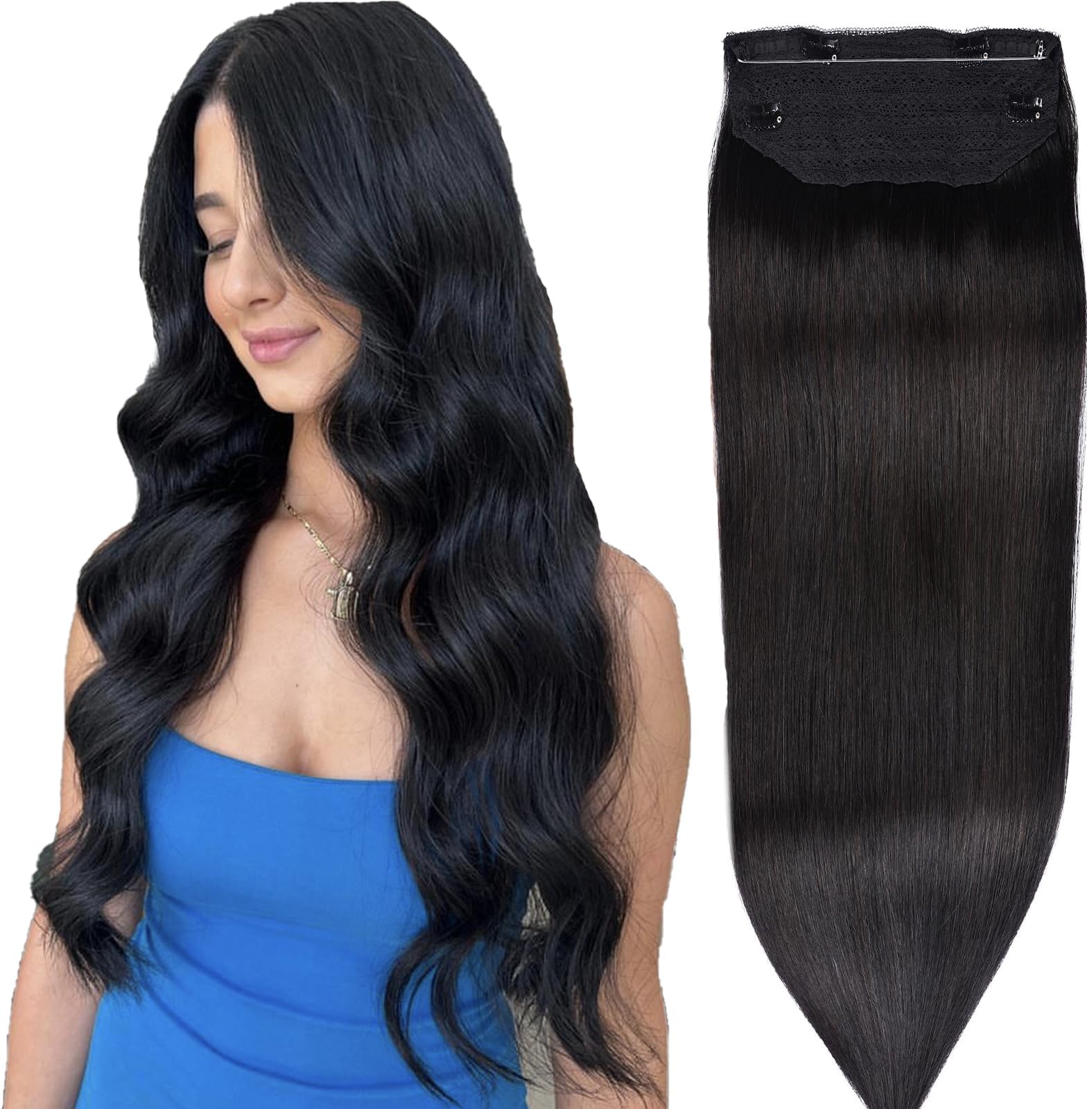 DIYOMO Halo Hair Extensions - Halo Hair Extensions Real Human Hair Jet black Hair Extensions Transparent Adjustable Size Removable Secure，Halo Extensions Real Human Hai, 1 70g 12lnch