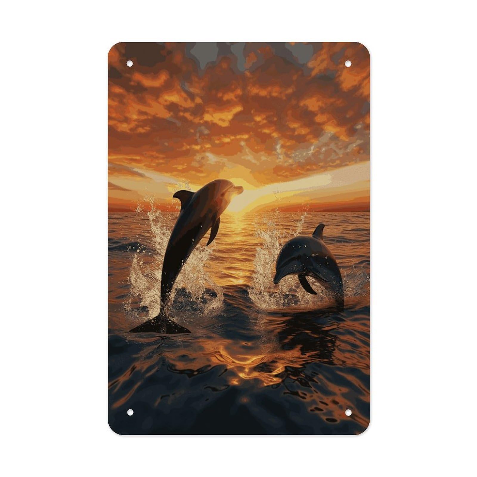 Dolphins Jumping Out of The Water at Sunset Metal Tin Sign Wall Decor Funny Retro Sign Weatherproof Metal Wall Art for Indoor Or Outdoor Retro Tin Signs for Kitchen Office Home Bar Decor 11.8 X 7.9 In