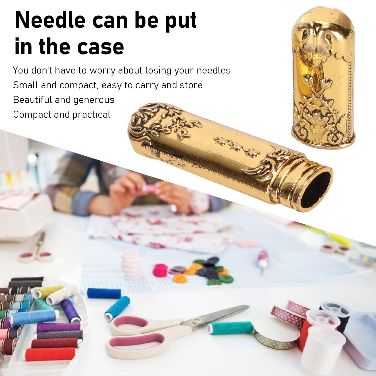Needle Case, Zinc Alloy Engraved Stereoscopic Pattern Stylish Vintage Needle Holder for Pins (Gold)