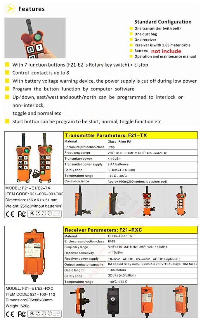 Hoist Crane Radio Wireless Industrial Remote Control AC/DC 12V F21-E1 (1 Transmitter + 1 Receiver) Hoist