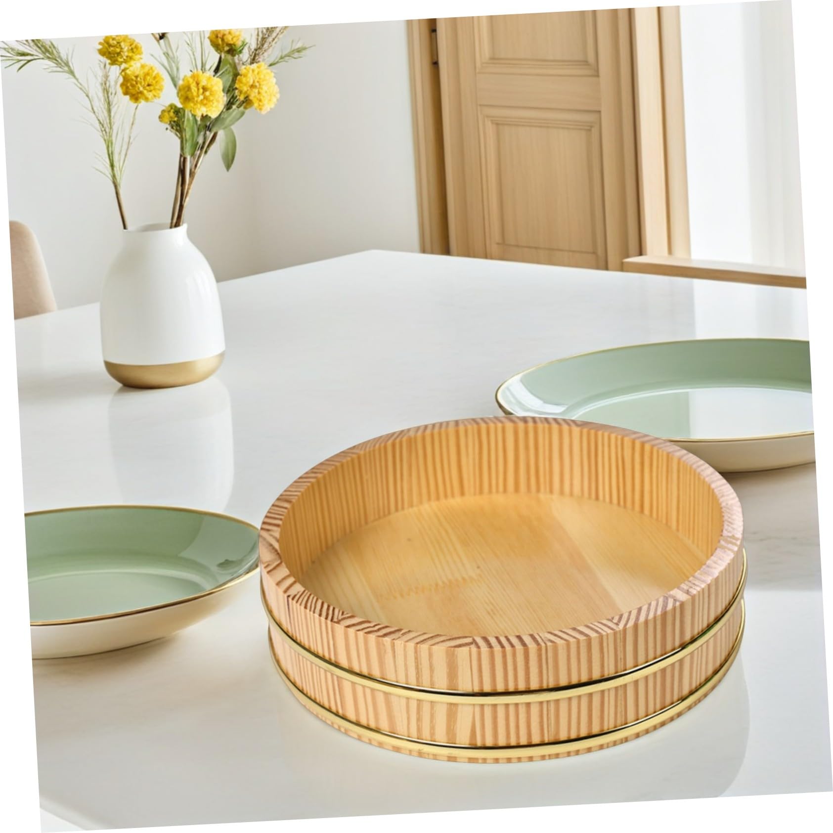 UKCOCO Bol à Riz à Sushi Traditionnel avec Bord Doré Grand Format pour Préparation et Service Plateau Polyvalent pour Familles et Restaurants