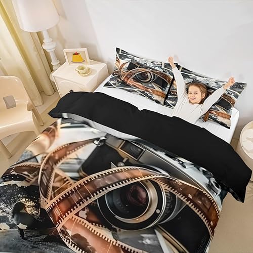 Miniatura 5 de Juego de funda de edredón con temática de fotografía, tamaño matrimonial, juego de ropa de cama vintage de película fotográfica de 3 piezas para