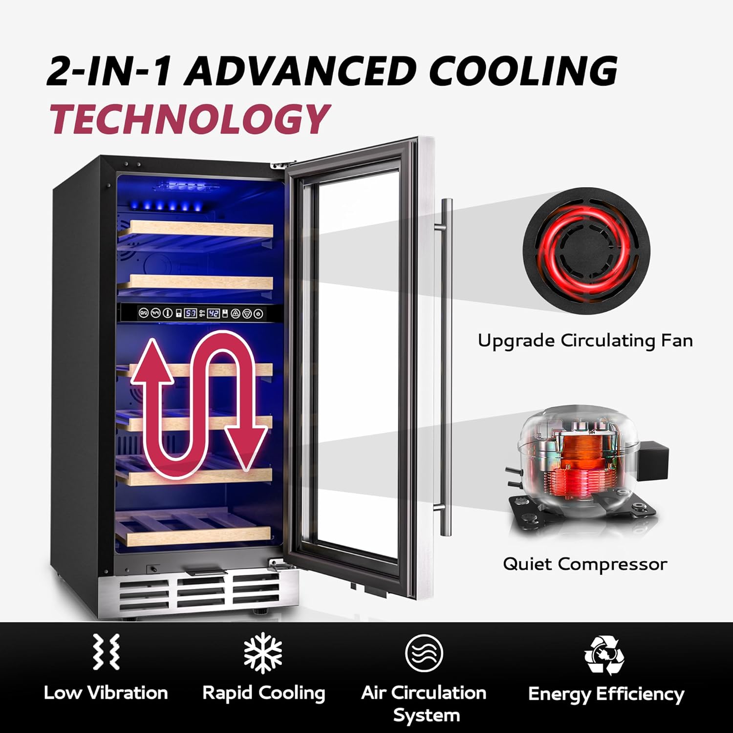 15 Inch Dual Zone Wine Fridge, 30 Bottles Under Counter Wine Cooler Refrigerator with Double-Layer Glass Door for Home Office Bar, Built-in Wine Refrigerator with security lock,40-65°F