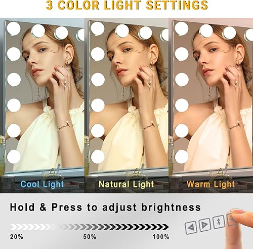 Miniatura 3 de Fenair Espejo de tocador grande con luces y altavoz, espejo de maquillaje iluminado Hollywood con base resistente, 18 bombillas LED regulables, 3