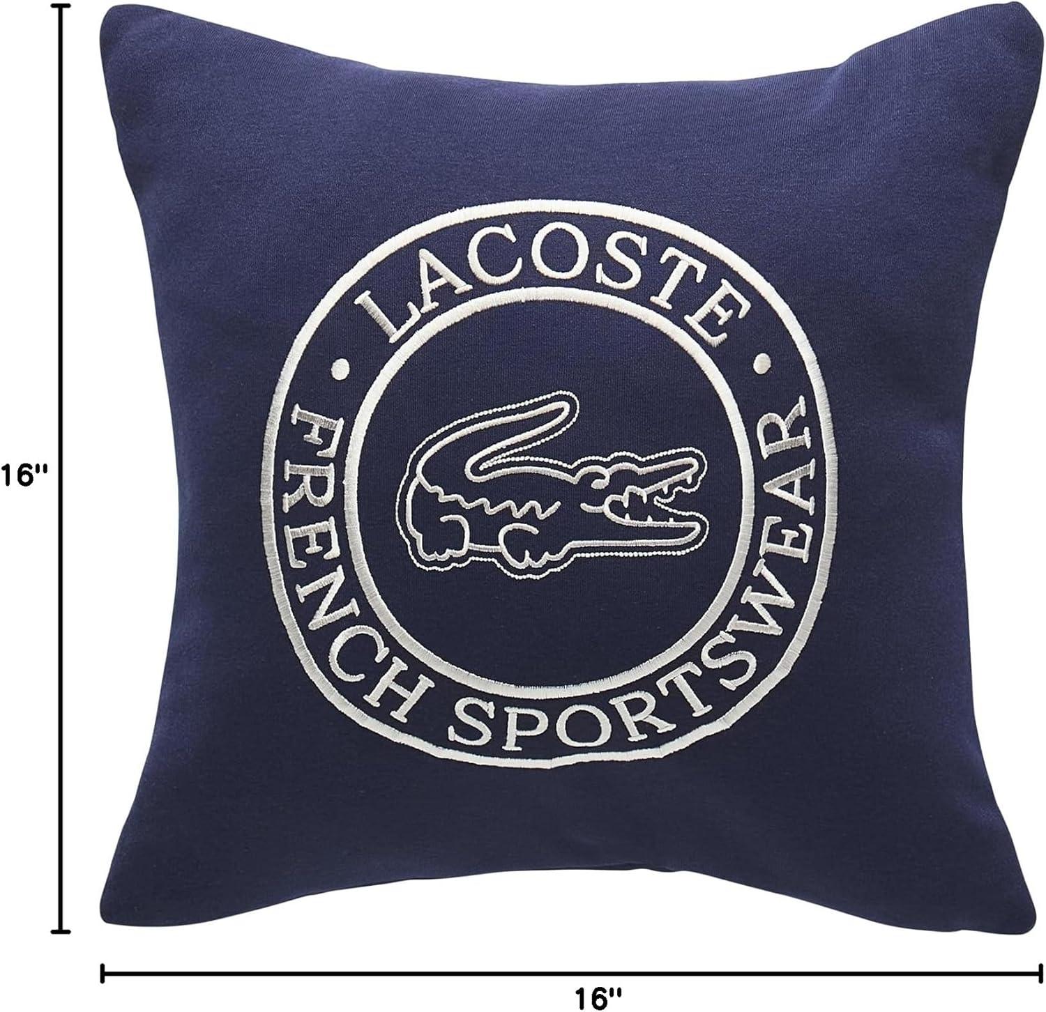 Lacoste Sportswear Decorative Pillow – 16" x 16" Square Throw Pillow for Bed Sofa Couch, Embroidered Crocodile Logo, Ultra Soft Sweatshirt Knit Cotton and Polyester Blend, Machine Washable, Navy