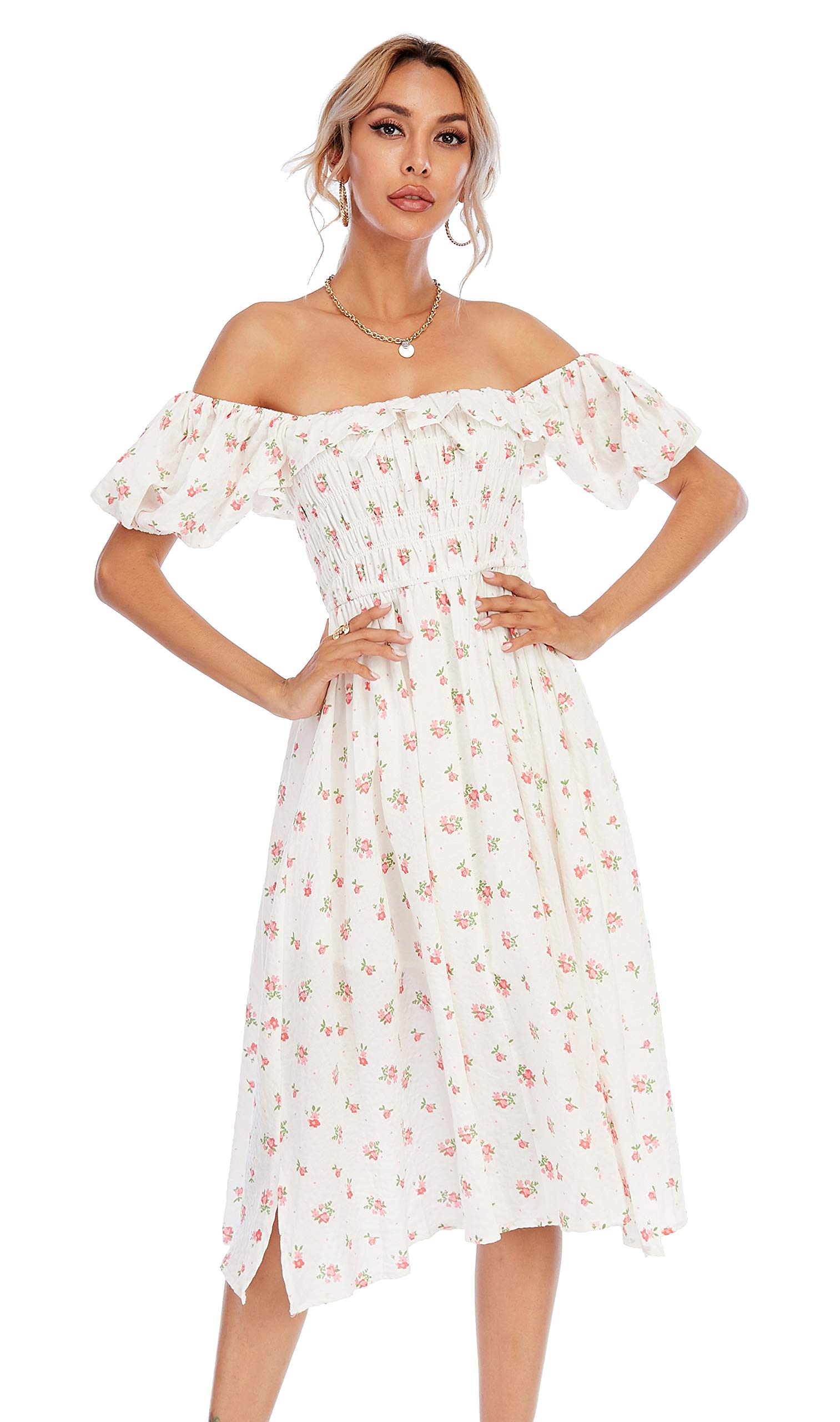 R.Vivimos Damen Casual A-Line Print Vierkant Puff Ärmel Kleid Saum Hohe Taille Midi Fitted Kleid Berufskleid