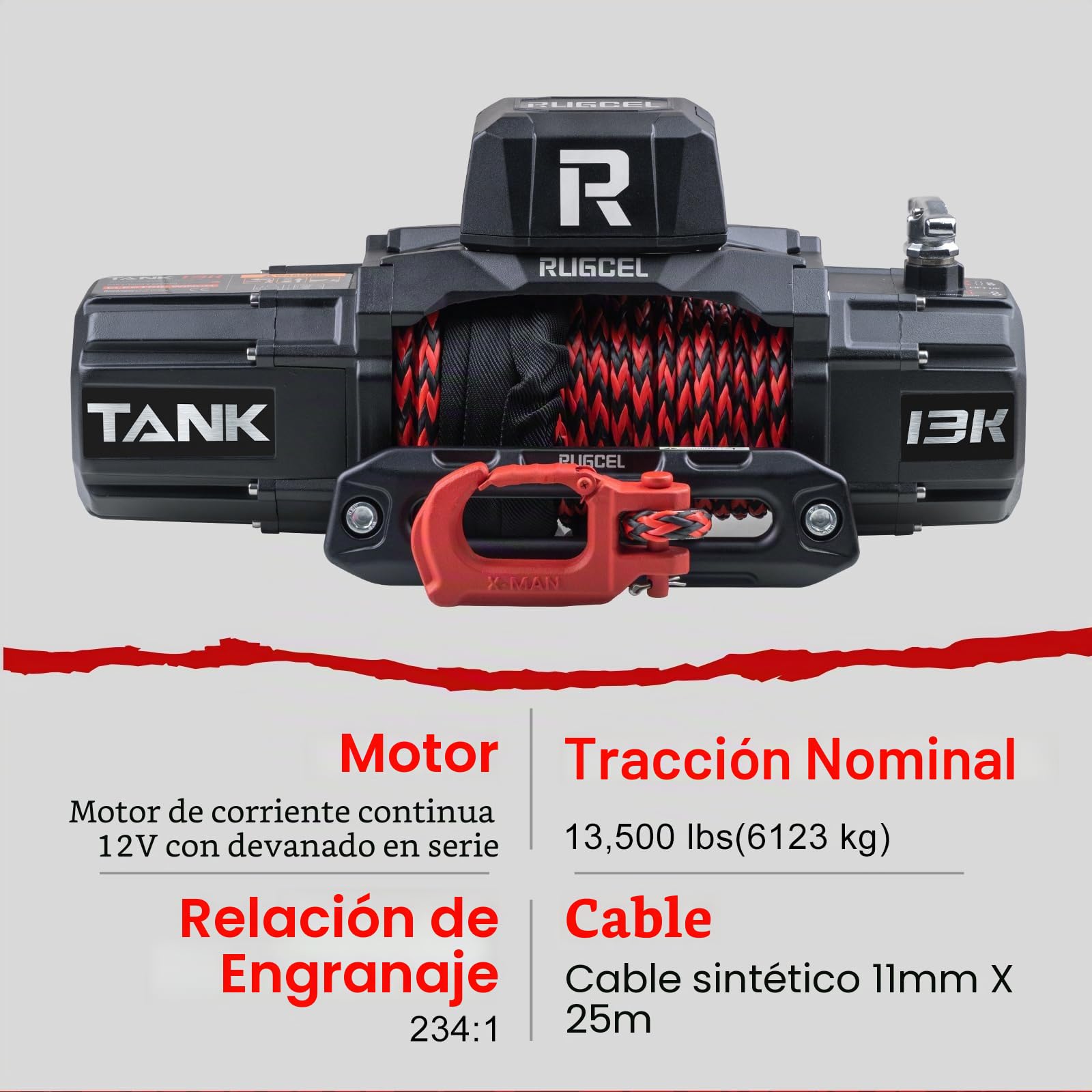 RUGCEL WINCH 13500 lb de cuerda sintética Cabrestante eléctrico impermeable de 12V, control remoto inalámbrico 2 en 1, para SUV, camioneta y remolque - Serie TANK