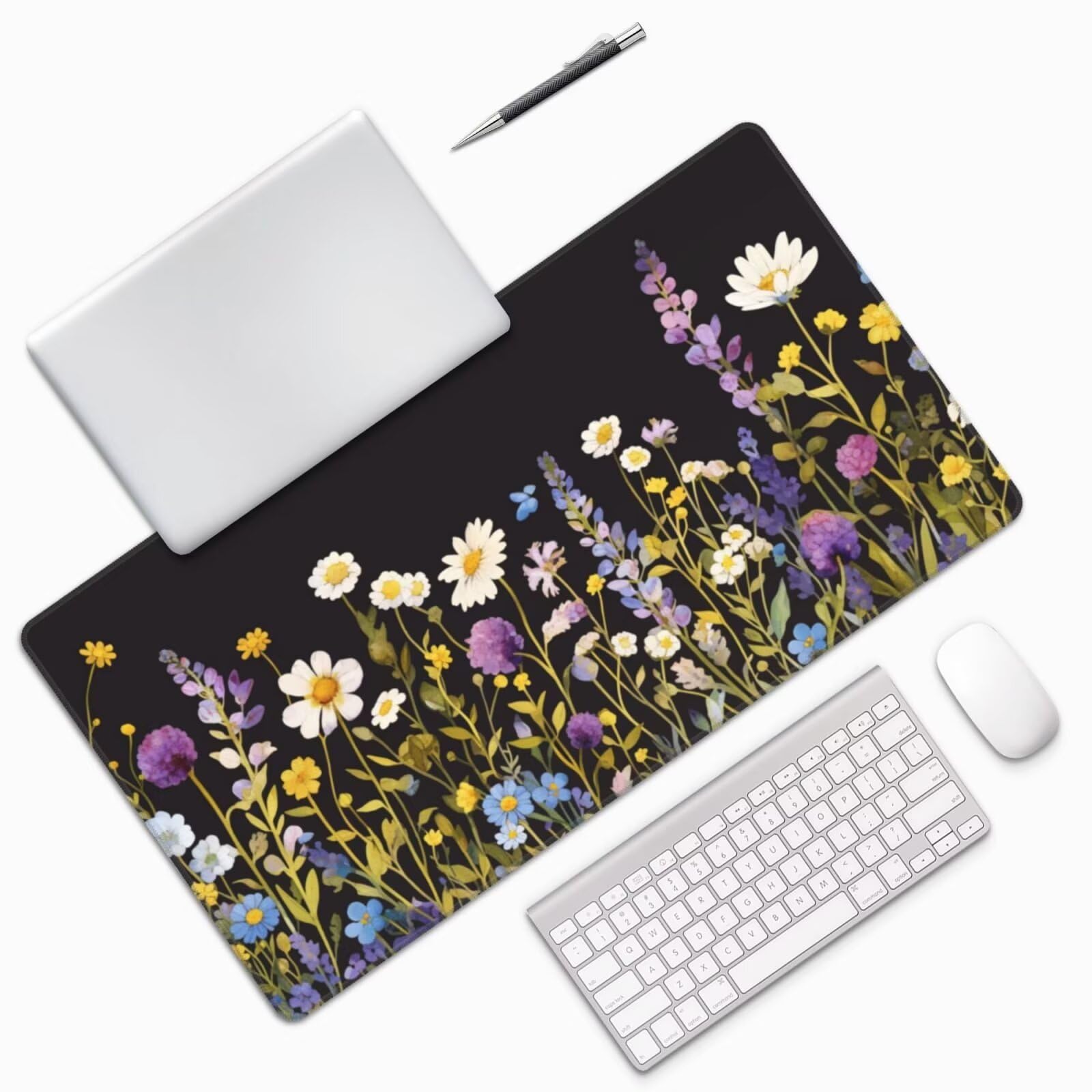Gaming Mauspad XXL 1200x600x3mm Mousepad Verlängertes Groß Mauspad Schreibtischauflage,Genähte Kanten rutschfeste Gummibasis,Verbessert Präzision Geschwindigkeit Home Office Kleine weiße Blume L-1672
