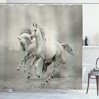 Ambesonne Horses Shower Curtain, Running Horses Symbolizing Passion for Freedom Creatures Photo Print, Cloth Fabric Bathroom Decor Set with Hooks, 69" W x 84" L, White and Black