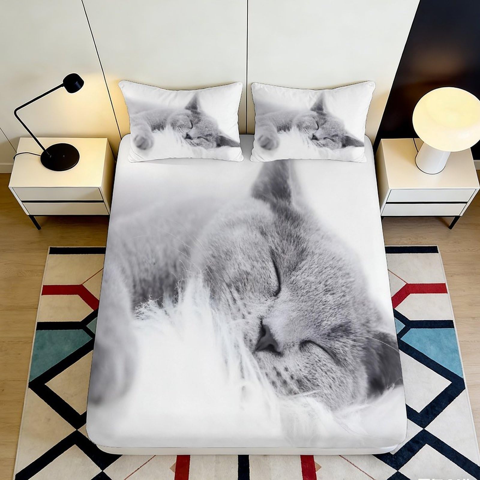3D Printed Sleeping Cat Fitted Sheet Microfiber Soft Breathable Kitten Bed Cover for Bedroom Guest Room Decor 90x200x25cm