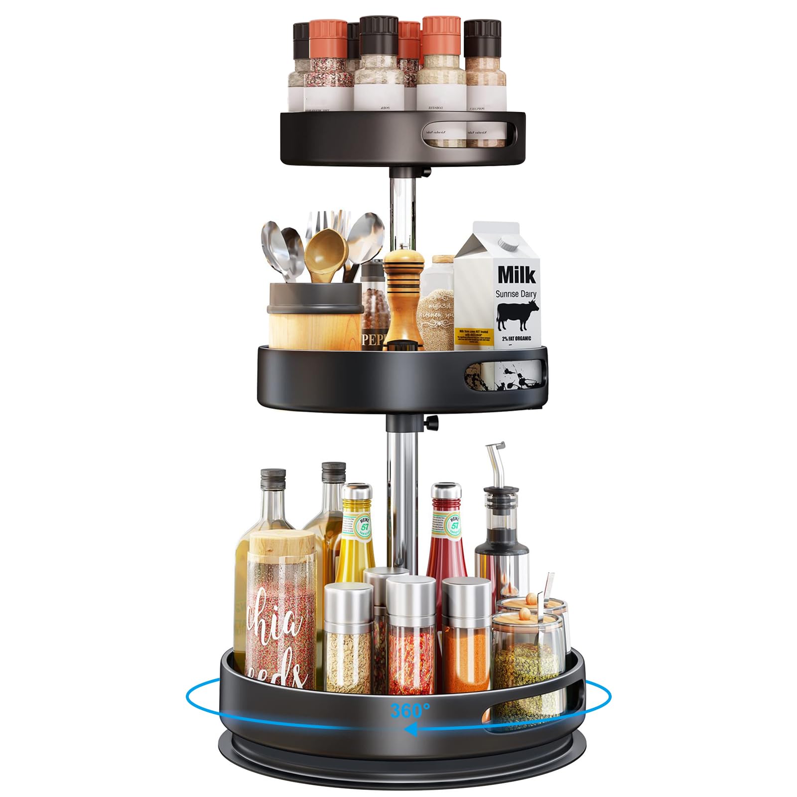 Lazy Susan Organizer, 2/3 ripiani, girevole a 360°, in acciaio al carbonio, supporto per spezie, regolabile in altezza, per cucina, tavolo, piano di lavoro, armadio, dispensa (3 piani)