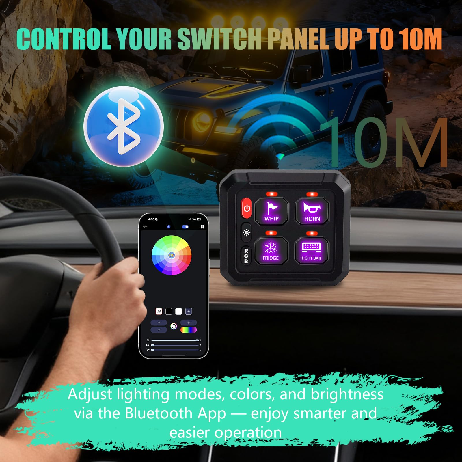 Chelhead 4 Gang 12V-24V Schalter Panel RGB Bluetooth App | Multifunktions Kippschalter mit 6 Helligkeitsstufen und App-Steuerung. Bluetooth Reichweite 10m, für 12V-24V Fahrzeuge