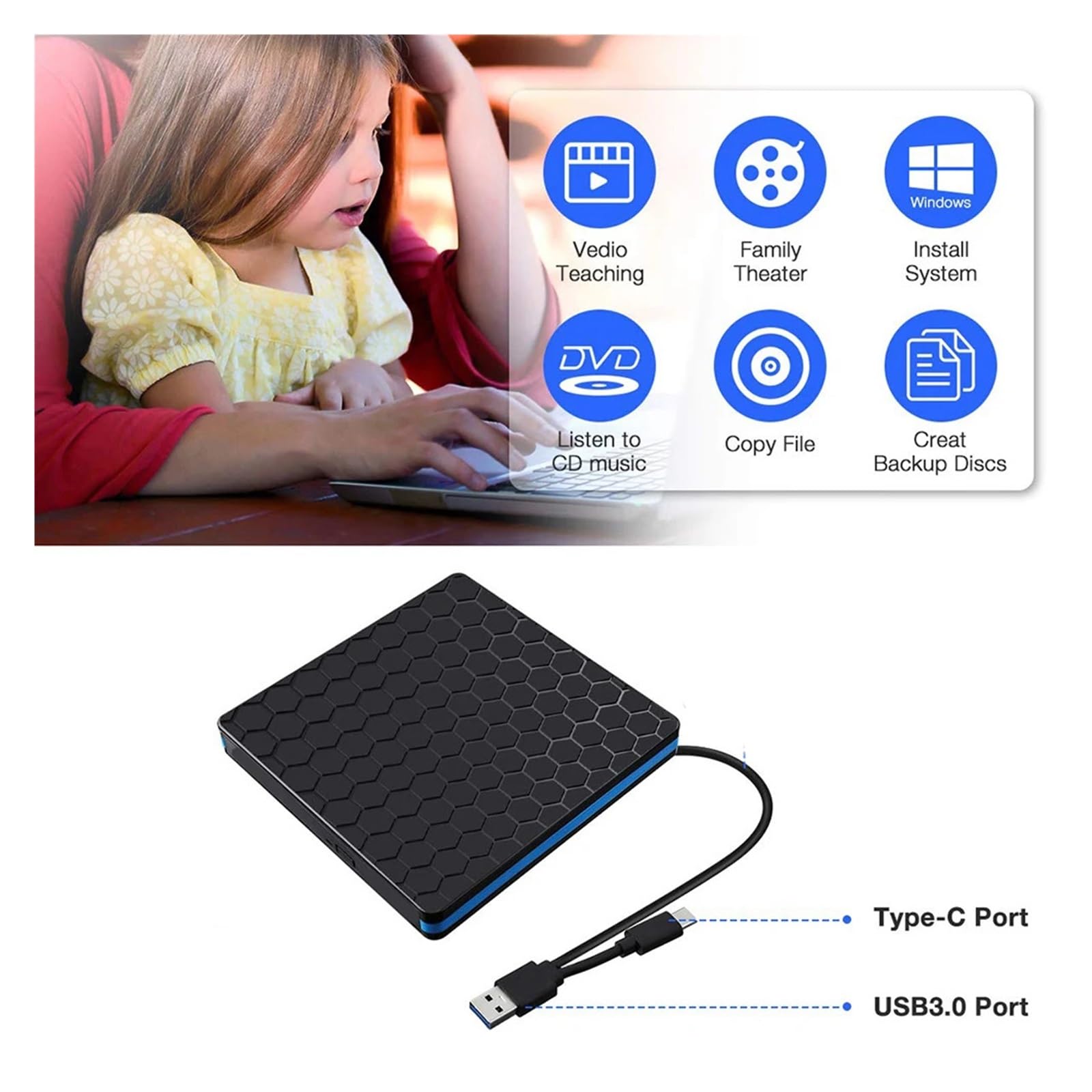 Lecteur DVD Externe Type C/USB 3.0, Lecteur CD, Lecteur DVD-RW, Lecteur De Disque Optique Externe CD-RW, Enregistreur, Graveur(White Border)