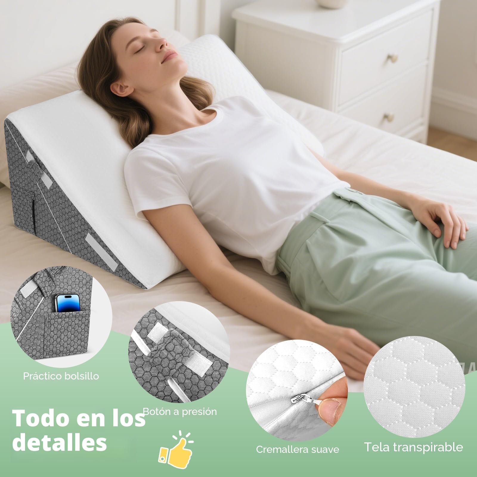 Almohada de Cuña para Dormir, Cuña Antireflujo Adulto Ajustable, Almohada Triangular Ergonómico en la Memoria de Forma, Cojín Inclinado para la Cama y el Sofá, 50 × 50 × 30 cm
