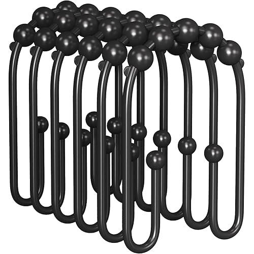 AmazerBath Shower Curtain Hooks, Black Rust Proof Non-Slip Double Hooks for Shower Curtain, Sturdy Metal Rings Bathroom 12Pcs