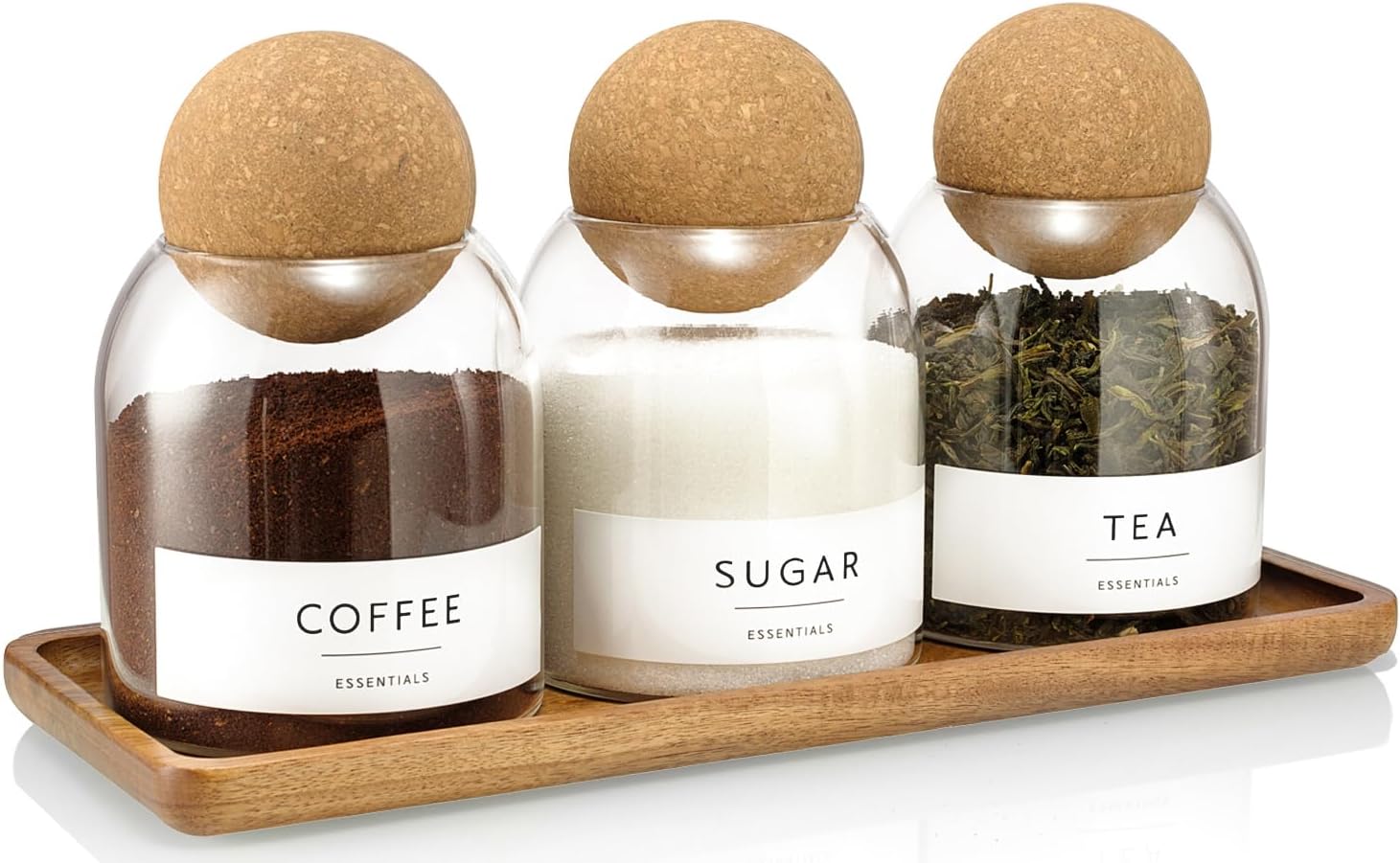 Glass Jars with Cork Lids, 3 Pack Small Decorative Jars with Acacia Tray, Bathroom Qtip and Cotton Ball Holder Set, Cute Coffee Bar Containers for Sugar Candy Tea, Apothecary Jars (17oz)