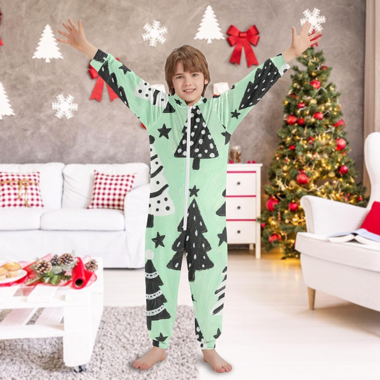 Merry Christmas with Mint and Green Trees Soft Warm Pajama Hooded One-Piecing Loungewear Sleepwear for Parties