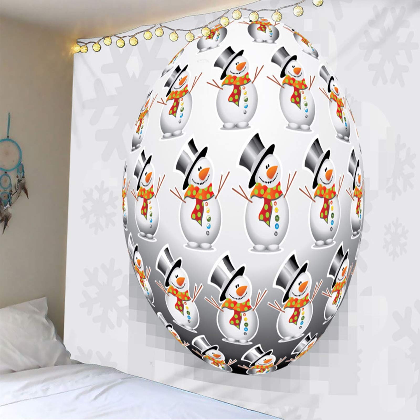 Tapiz Tela 3D, Decoracion Navidad Muñeco de Nieve Bola Redonda y Copo de Nieve Gris Poliéster Tapiz Pared Decoration 260X240cm