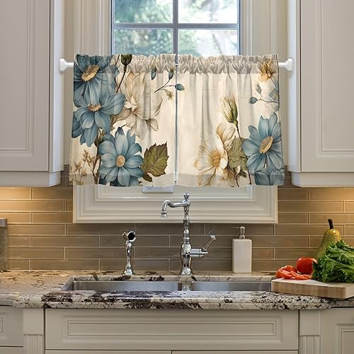 Miniatura 5 de Cortina de café de media ventana, cortinas de nivel para baño, cocina, dormitorio, sala de estar, juego de 2 paneles de flores