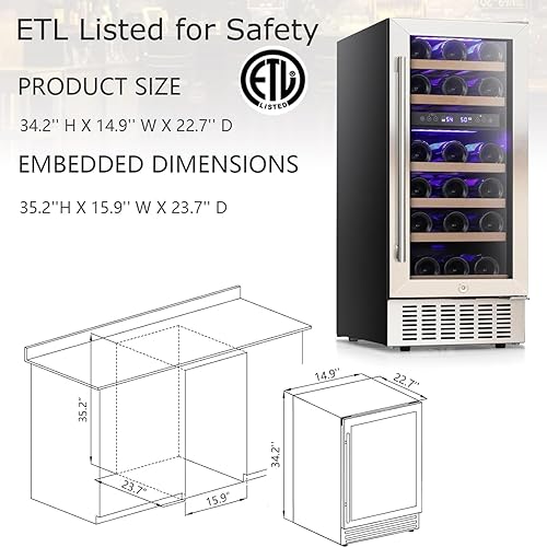 Miniatura 7 de COWSAR Refrigerador de vino de 28 botellas, refrigerador de bebidas de doble zona aprobado por ETL, temperatura independiente, LED, enfriador de