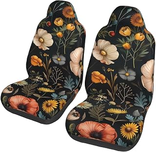 Black Red White Yellow Small Flowers Universal Car Seat Covers 2-Piece Set - Stretch-to-Fit Front Seat Protectors for Cars, Trucks & Suvs | Bucket-Style Fit, Breathable
