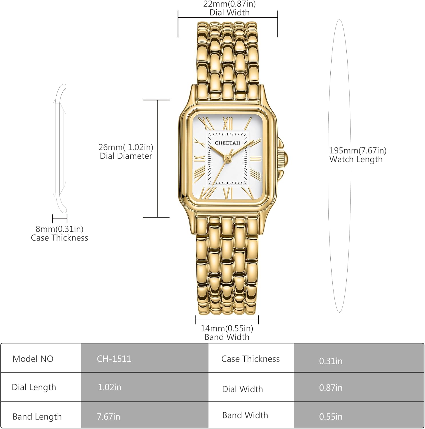 CHEETAH Gold Watches for Women with Vintage Rectangular Case,26mm Case Diameter,Black Roman Numerals,Metal Steel Band,3ATM Waterproof