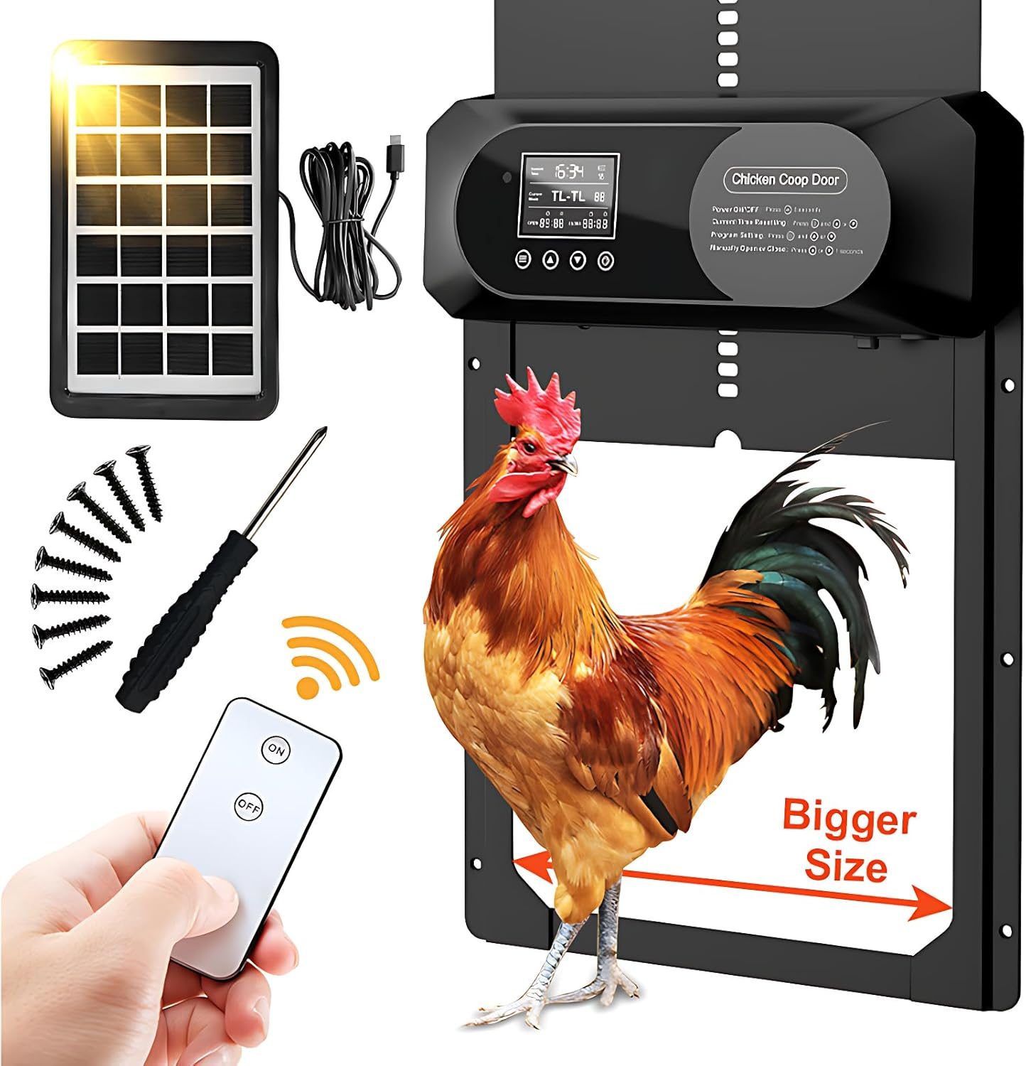 Large Size Automatic Chicken Coop Door Solar Powered,15.9″H x 12″L x 2.28″W,Aluminum Alloy Chicken Door with LCD Display,Timer & Light Sensor,4 Control Modes,Anti-Pinch Coop Door with Remote Control