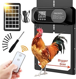 Large Size Automatic Chicken Coop Door Solar Powered,15.9"H x 12"L x 2.28"W,Aluminum Alloy Chicken Door with LCD Display,Timer & Light Sensor,4 Control Modes,Anti-Pinch Coop Door with Remote Control