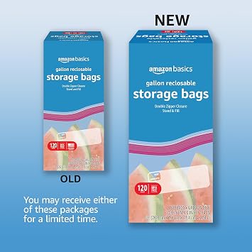 Amazon Basics Reclosable Gallon Food Storage Bags with Double Zipper Seal, Stand and Fill Base, BPA Free, 120 Count