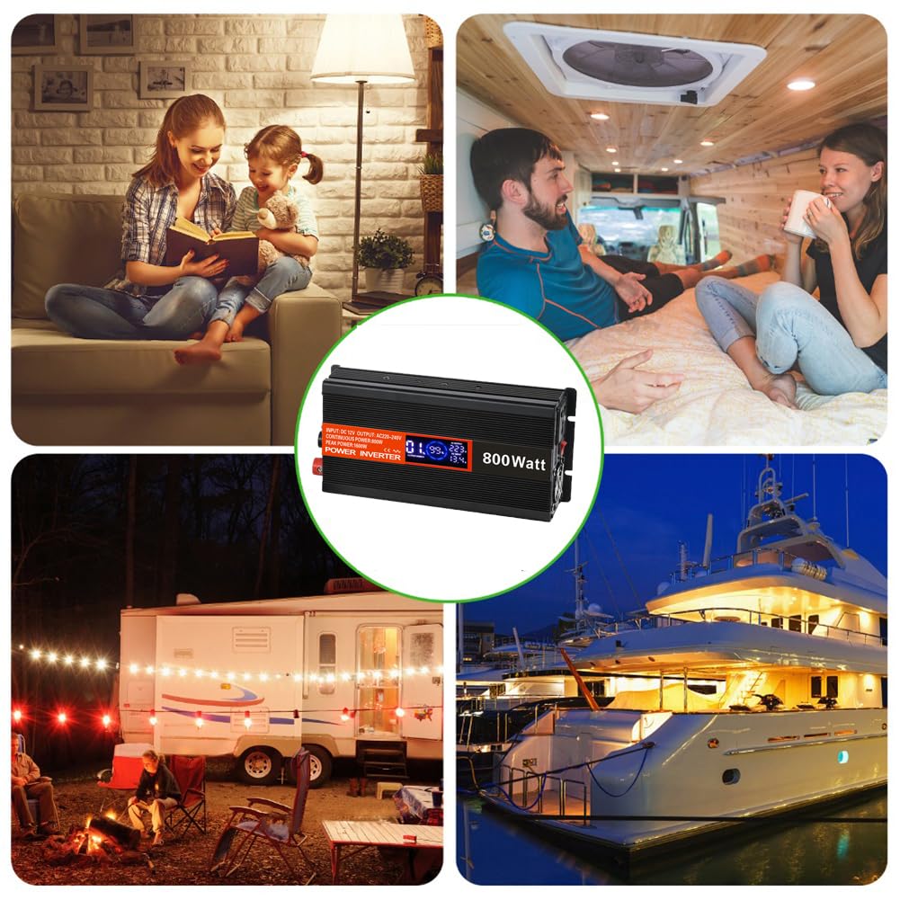 SolaMr 800W Inversor de Corriente DC 12V a AC 220V/240V con Pantalla LCD y Puertos de Carga USB Convertidor para Sistema Montado en Vehículo y Acampada Salvaje- 800W