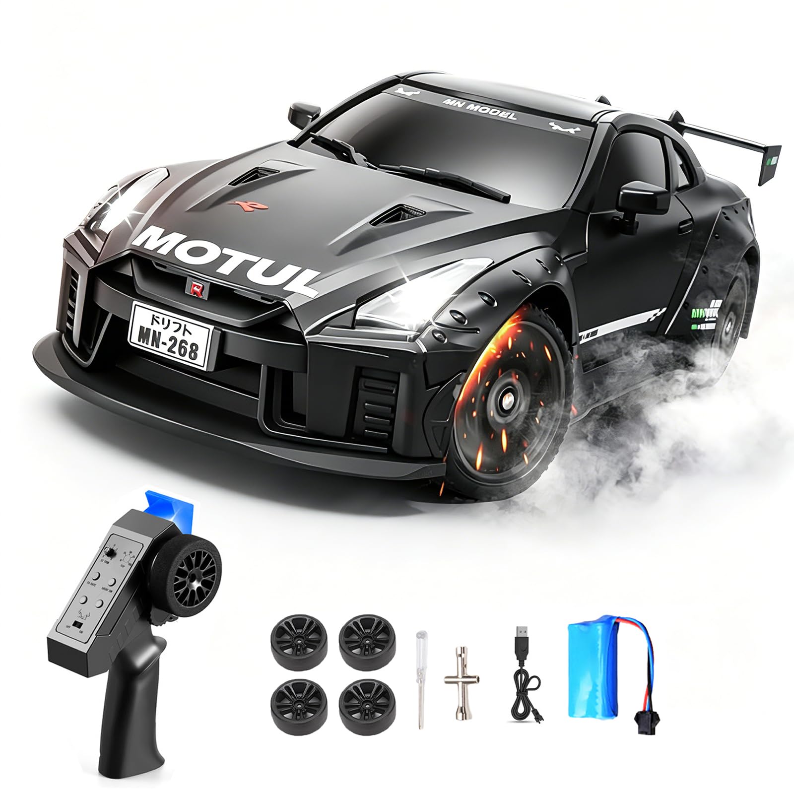 Hylukon MN-268 RC Drift Car, 1:16 Scale High Speed 20 KM/H Racing Drift Car with Gyro, LED Lights and Drift Tires, 2.4G Hobby RC Cars Gift for Adults and Teens (1 Battery)