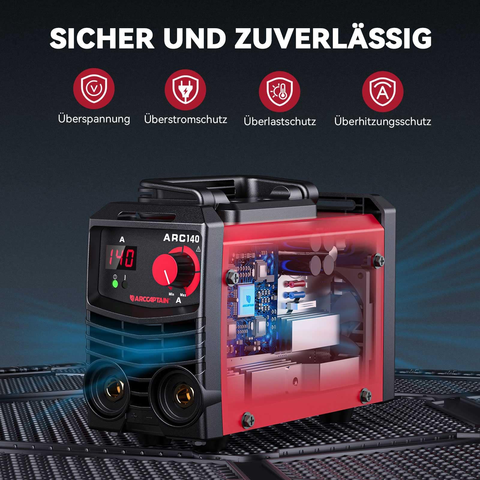 ARCCAPTAIN Mini ARC140 Schweißgerät 140A IGBT 230V MMA Elektrodenschweißgerät Stabschweißgerät Heißer Start Wechselrichter Antihaft Digitalanzeige LCD mit 14in Storage Box