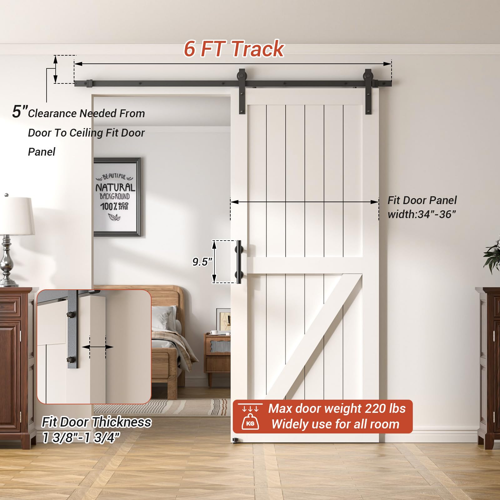 6FT Heavy Duty Sliding Barn Door Hardware Kit（1x Floor Guide&1x Pull Handle Set &6FT Track Kit for 34"~36" Wide Single Door）,Smoothly Quietly,Easy Install (No Door) — Amazon image 4
