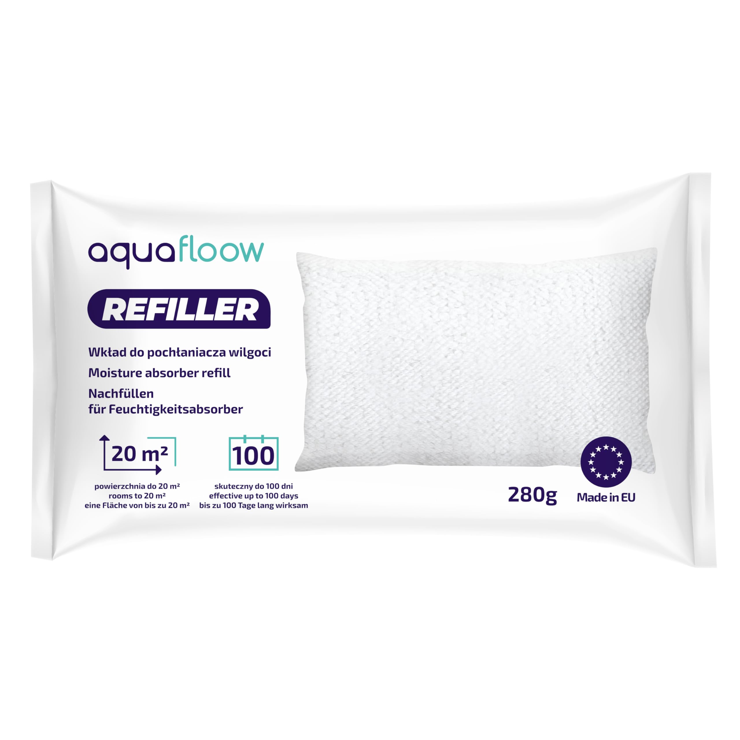 Aquafloow 4x Déshumidificateurs + 8x Granulés dans un sachet de recharge de 280 g, Sachets de recharge pour déshumidificateur, Packs de recharge | Empêche la moisissure, odeurs désagréables