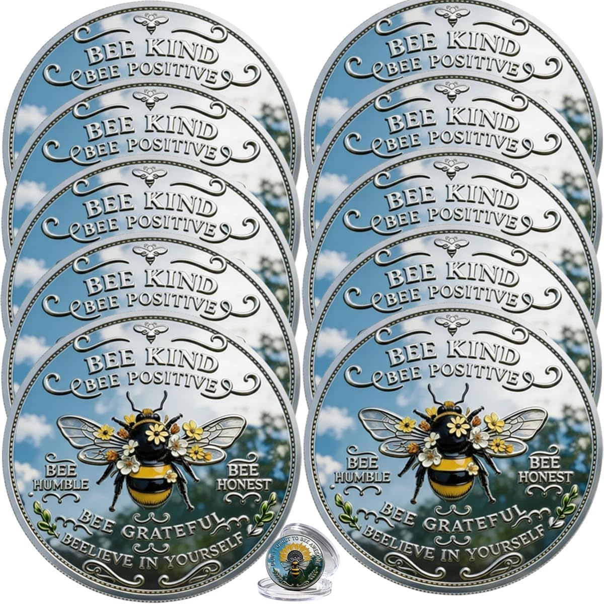 Bee Kind Positivity Commemorative Coin, Motivational Bee Challenge Coin, Don't Forget to Bee Awesome Token, Unique Encouragement Gift for Women, Men & Friends (10PCS)