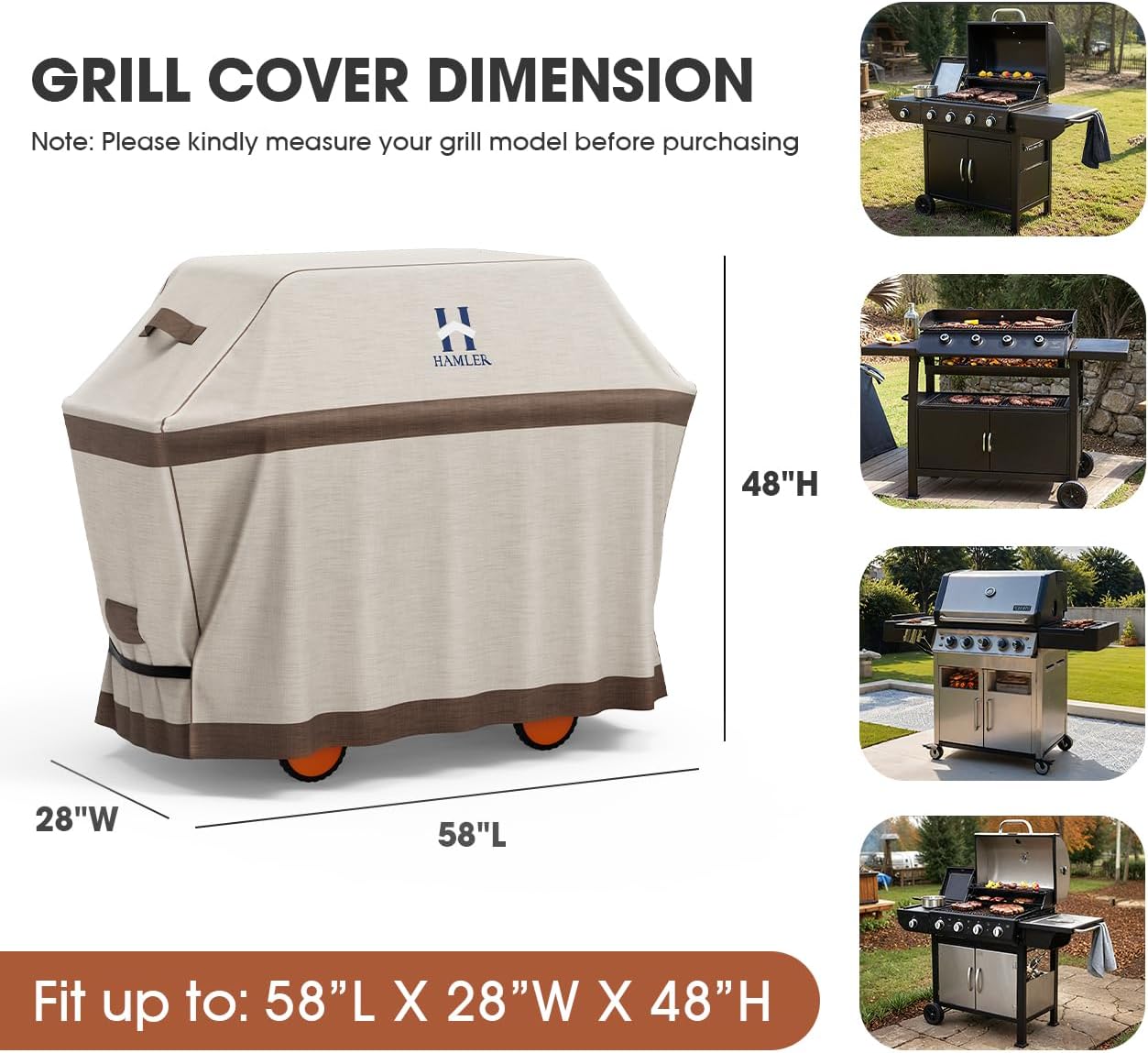 HAMLER Grill Cover 58 Inch, Heavy Duty Waterproof BBQ Covers, Gas Grill Covers Fits Weber Spirit, Weber Genesis, Char-Broil, Nexgrill, Brinkmann, Brown & Beige